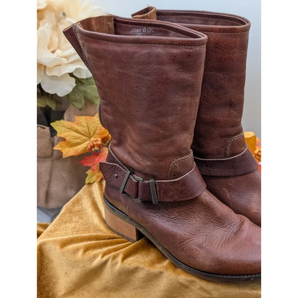Italian Leather Moto Biker Boots Distressed Brown Slouch Ankle Booties Size 6